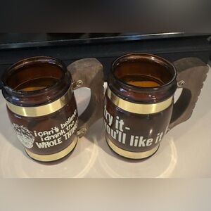 Vintage Siesta Ware His & Her Humor Set of 2 Brown Glass Mugs Wood Handle USA